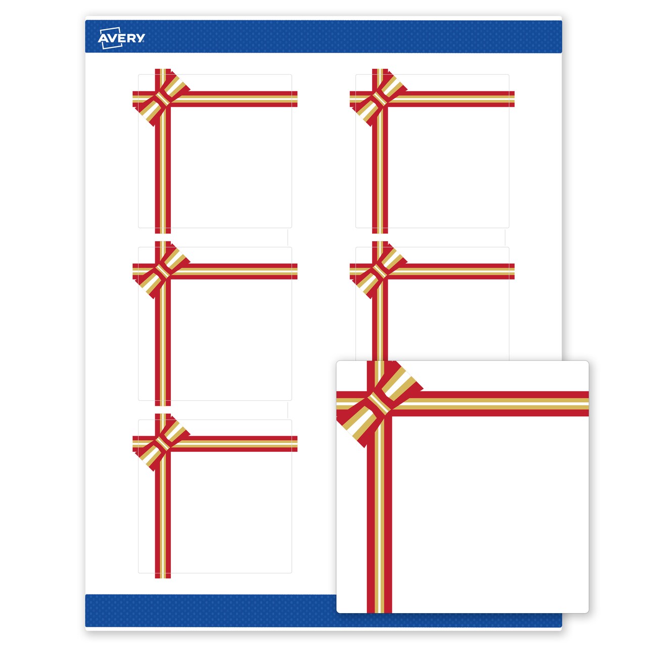 Avery Printable Labels with Sure Feed Technology, Square, 3" x 3", Pre-Printed Red & Metallic Gold Gift Bow Design, Matte White, Laser & Inkjet Compatible, 60 Total